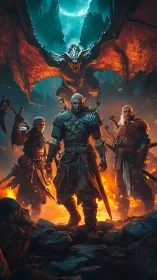 Fantasy warriors confronting dragon in volcanic canyon scene.