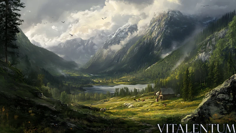 Peaceful mountain valley home beside a quiet reflective lake.