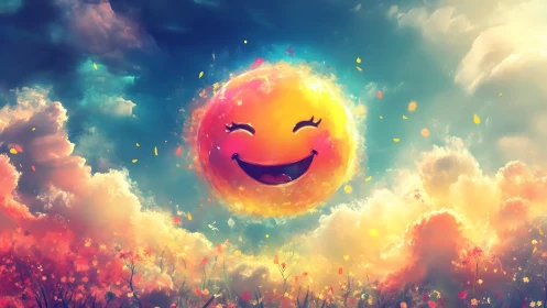 Smiling glowing sun over colorful clouds and meadow sky