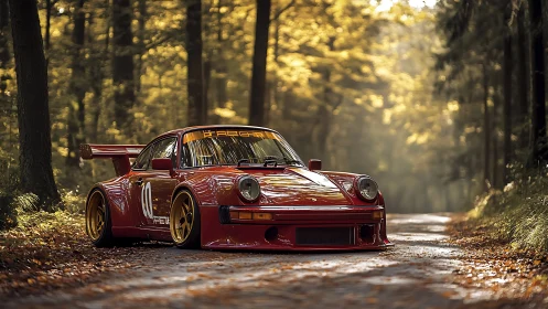 Track-spec red 911 race car with widebody aero on forest road