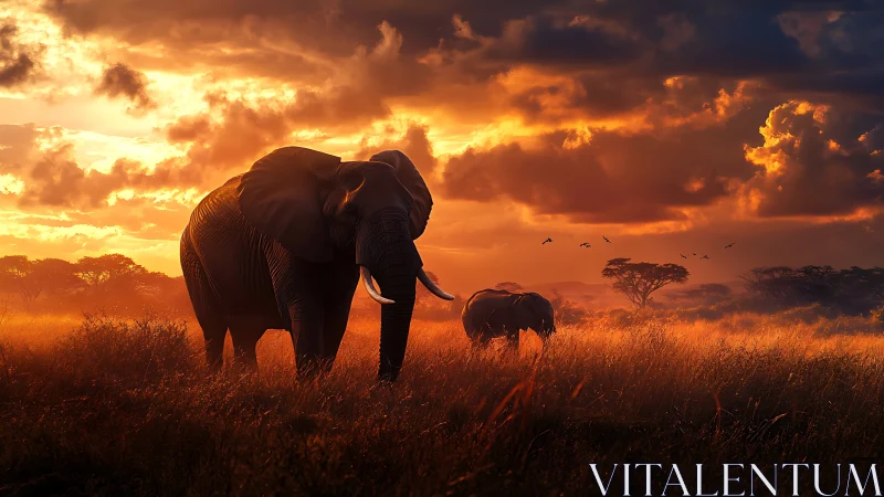Elephants in tall grass under dense sunset cloud cover.