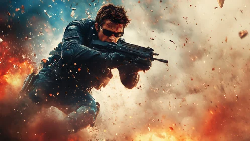 Tactical operator dives through midair blast with rifle ready