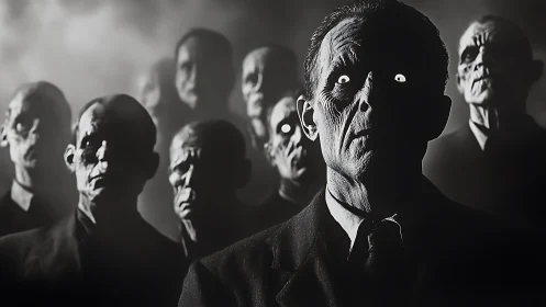 Silent crowd of glowing-eyed figures in eerie grayscale fog.