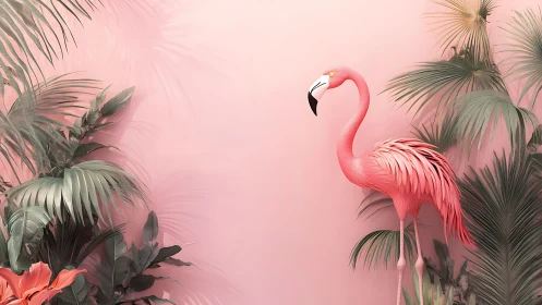 Pink flamingo among tropical foliage on pastel background.