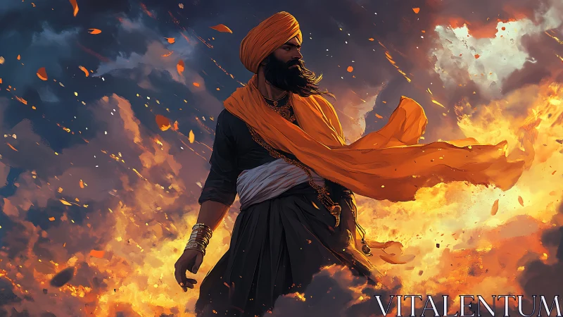 Turbanned warrior in turbulent firestorm with dynamic cloth simulation.