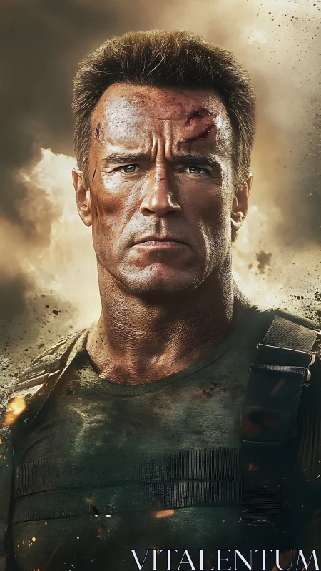 Battle-ready hero stands tall in a storm of smoke and fire.