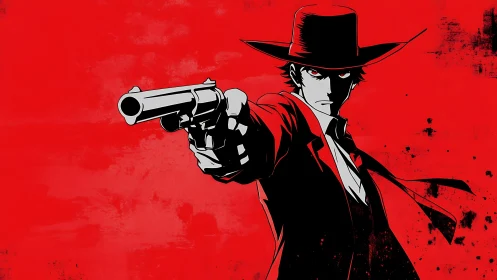 Stylized gunman illustration stands against flat red backdrop