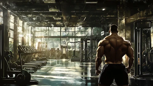 Bodybuilder observing empty industrial style weight gym.