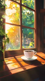 Coffee cup on sunlit wooden windowsill during bright morning