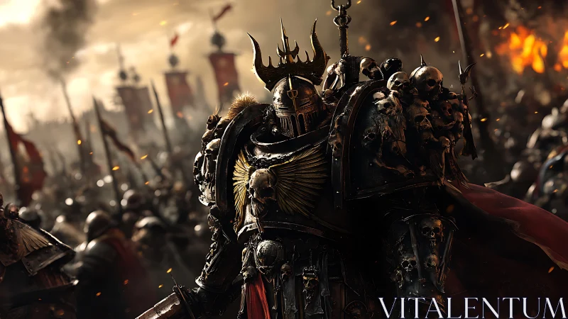 Baroque warlord portrait in dark fantasy battlefield armor.