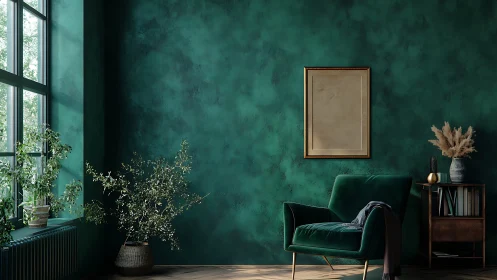 Velvet armchair anchors a moody emerald-toned interior composition