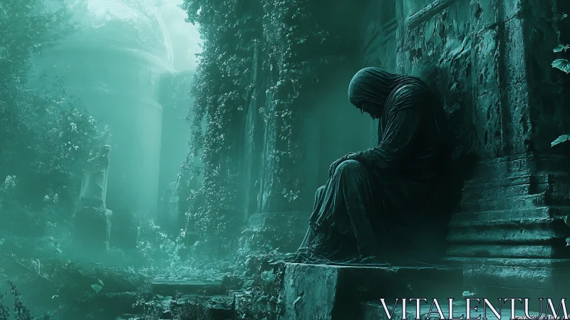 Shrouded statue mourns in misty overgrown graveyard ruins