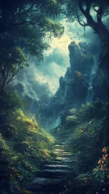 Layered landscape vista with rock formations and dense canopy