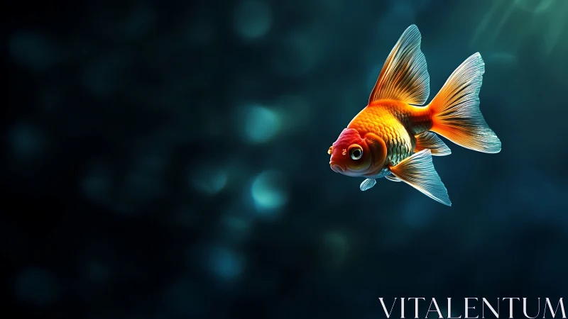 High-detail orange goldfish against deep blue bokeh water