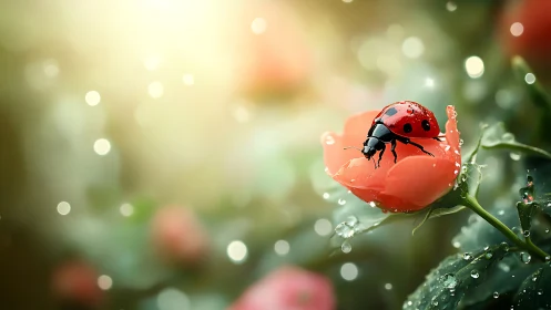 Ladybug poised on dewy rose under glowing bokeh light.