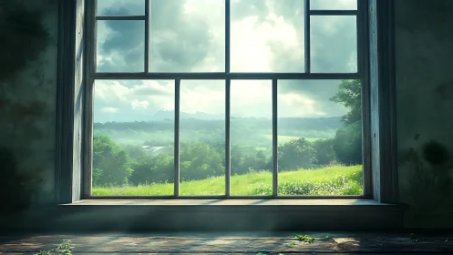 Sunlit countryside unfolds beyond an old wooden window frame.