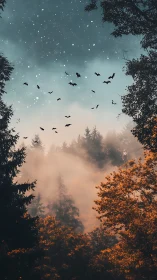 Nocturnal Forest Convergence: Starlit Sky and Autumn Foliage Over Misty Canopy.