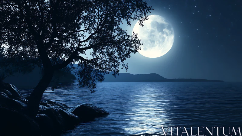 Full moon illuminates tranquil coastal water and silhouetted tree