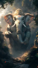 Elephant deity strides through misty canyon in molten light