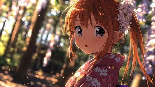 Anime girl in floral kimono under soft forest light.