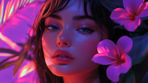 Neon-lit portrait of floral-framed face in chromatic gradient lighting.
