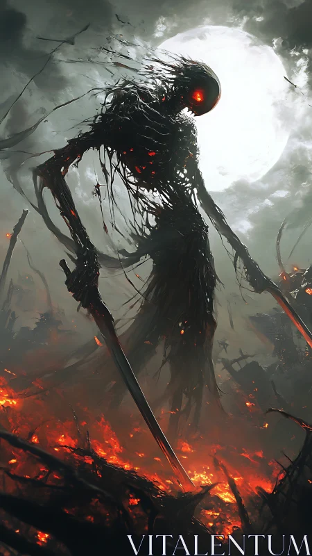 Volcanic wraith silhouette under backlit lunar inferno.