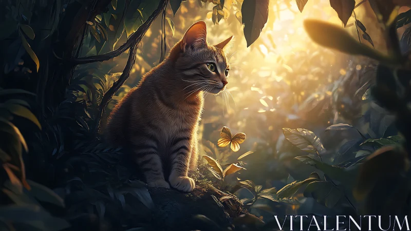 Golden Hour Discovery: Kitten Watches Butterflies in Enchanted Garden