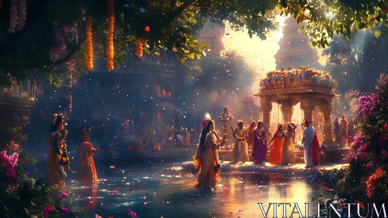 Temple waterfront ceremony with floral processional pavilion.