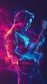Neon-lit guitarist silhouette in electric dual-color composition.