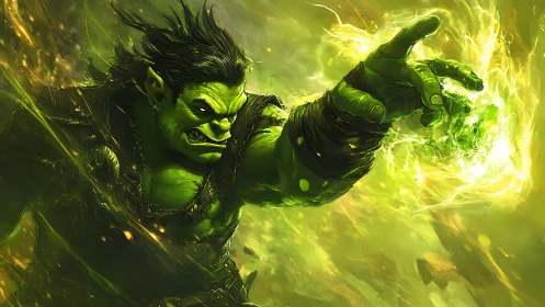 Aggressive green orc channels high-energy arcane plasma discharge