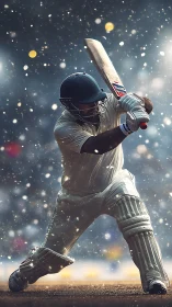 Dynamic cricket batsman in mid-drive with dramatic bokeh lighting
