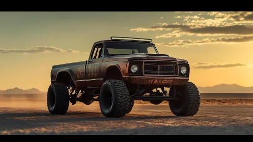 Desert titan truck growls through molten sunset dust trails