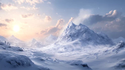 Winter sunrise over silent blue mountains and soft snowfields.