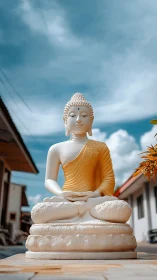 Peaceful Buddha statue rests calmly beneath soft blue skies