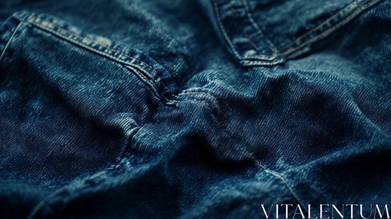 Denim textile macro photograph showing fabric weave and stitch detail