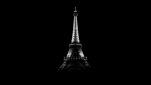 Monochrome Eiffel Tower silhouette on black background.