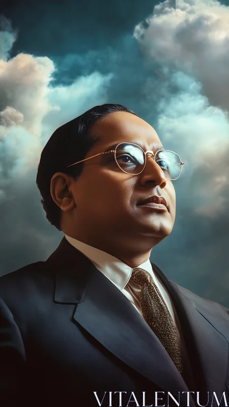 Dignified gentleman gazing upward beneath glowing clouds.