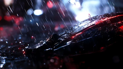 Futuristic vehicle hood under rain with red neon reflections