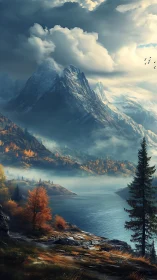 Digital depiction shows alpine lake beneath steep peaks