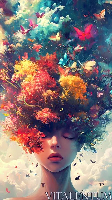 Dreamlike female portrait merges florals, butterflies, and sky