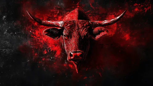 Red bull head emerges from dark splattered background