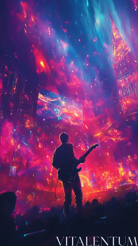 Electric guitarist glows against a neon dream city night sky