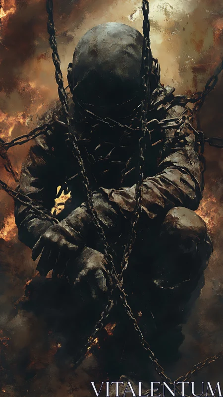 Chained ember sentinel kneeling in a storm of burnt skies.