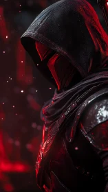 Hooded armored figure stands in red backlit dramatic lighting