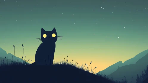 Black Cat Silhouette Under Starlit Night Sky.