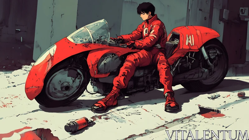 Red urban motorcycle rider rests amid debris on cracked concrete