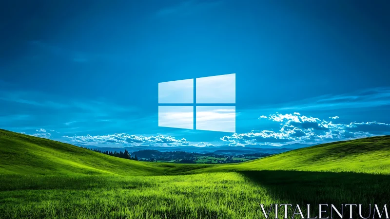 Corporate logo over digitally rendered grass landscape.