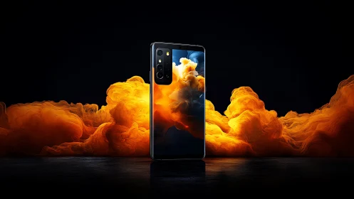 Edge-lit smartphone render with orange volumetric smoke plumes
