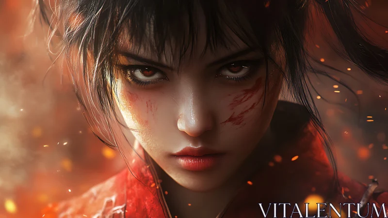 Digital painting portrait of fierce warrior amid ember field.