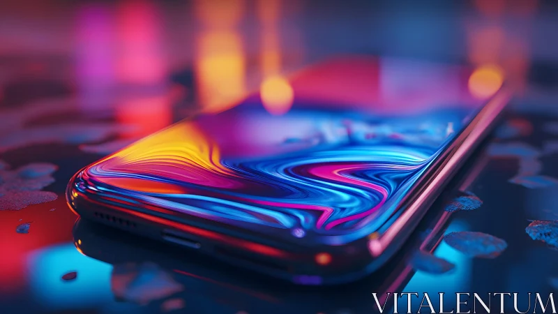 Modern smartphone with vibrant abstract reflection, neon lighting.
